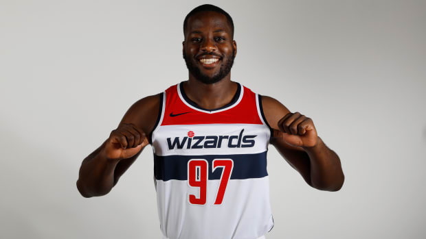 Washington, DC, USA; Washington Wizards forward Eugene Omoruyi (97) poses for a portrait during Wizards media day at Capital One Arena.